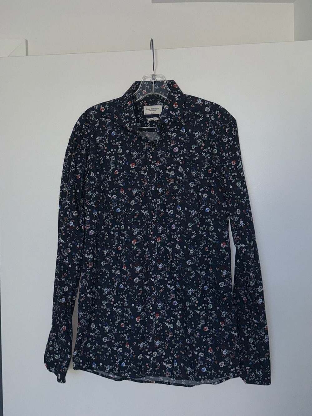 Bruun & Stengade Slim Fit Navy Ditsy Floral Easy Care Long Sleeve Button-Down Sh